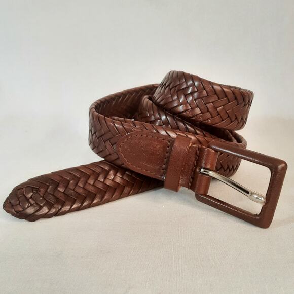 Talbots Basic Walnut Braided Genuine Leather Belt XL Waist Rectancular Buckle - Picture 1 of 10